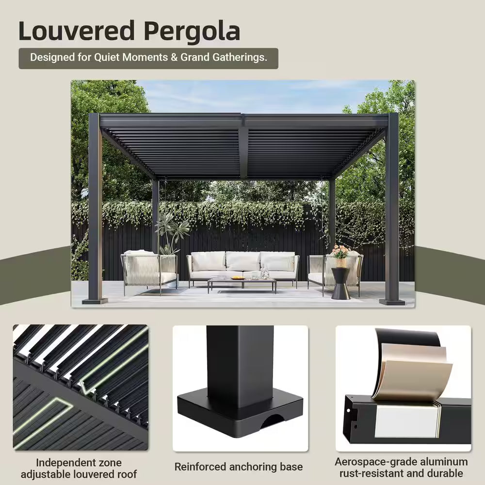 10 Ft. X 12 Ft. Black Steel Outdoor Louvered Pergola with Water-Tight Adjustable Roof