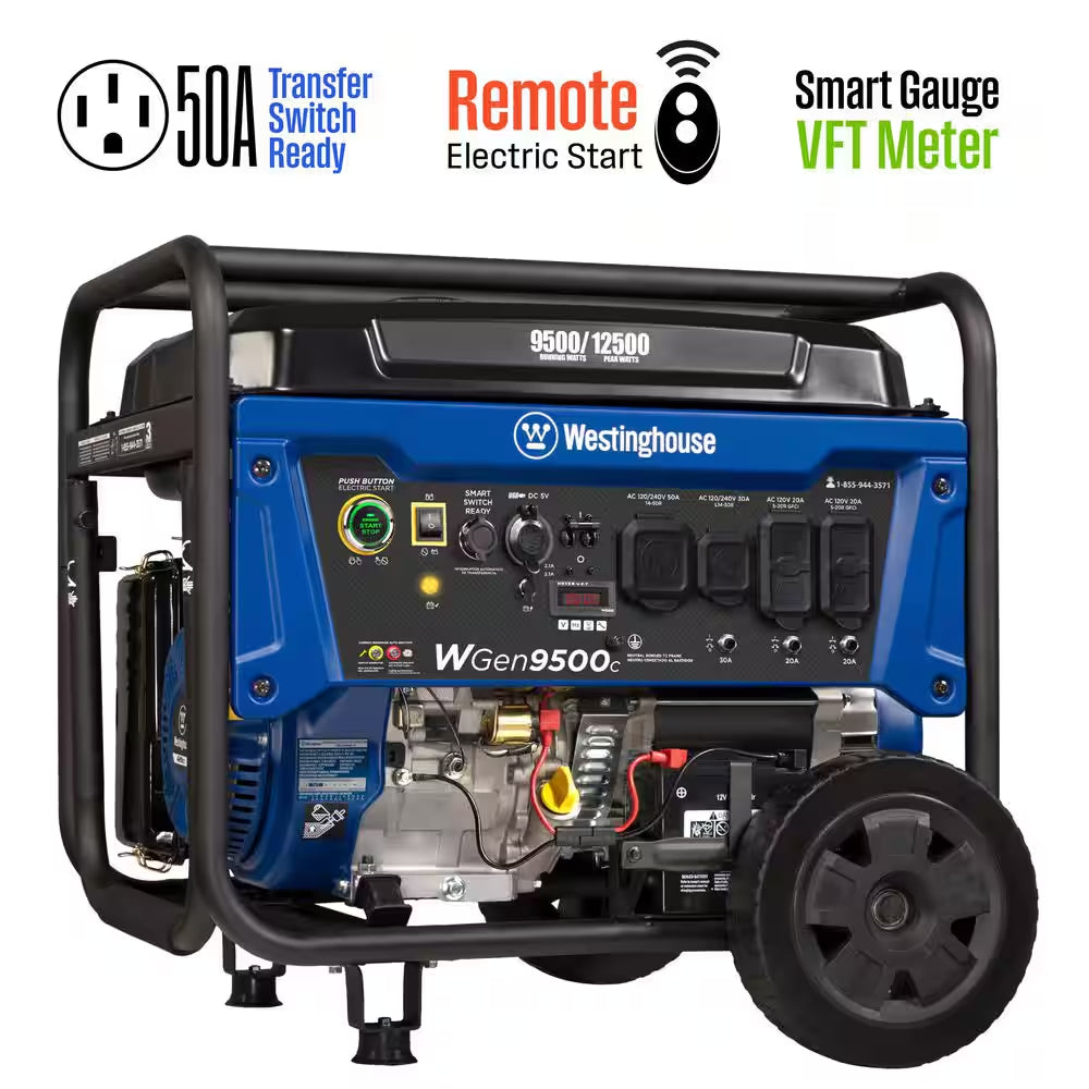 12,500/9,500-Watt Remote Electric Start Dual Fuel Gas and Propane Powered Portable Generator W/ 50 Amp Outlet, CO Sensor