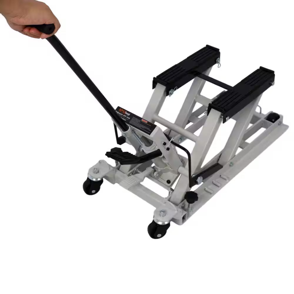 1500 LBS Capacity Gray Hydraulic ATV & Motorcycle Jack with 4 Wheels, Foot-Operated Hoist Stand, Maximum Lift 15 In. H