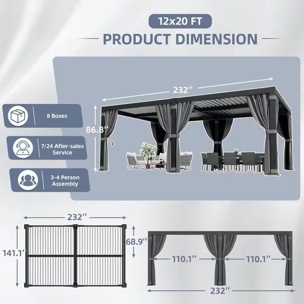 20 Ft. W X 12 Ft. D Aluminum Pergola with Adjustable Louvered Roof, Waterproof Curtains and Nets