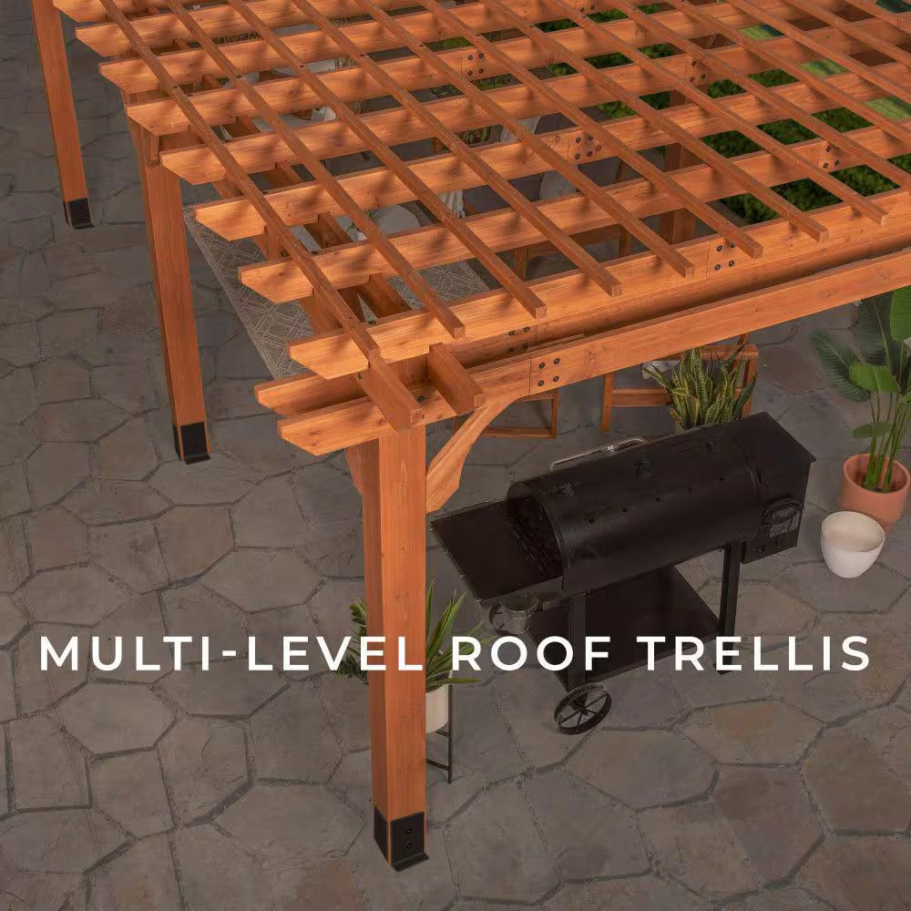 Beaumont 24 Ft. X 12 Ft. Light Brown Cedar Wood Outdoor Patio Pergola with Trellis Roof and Powerport