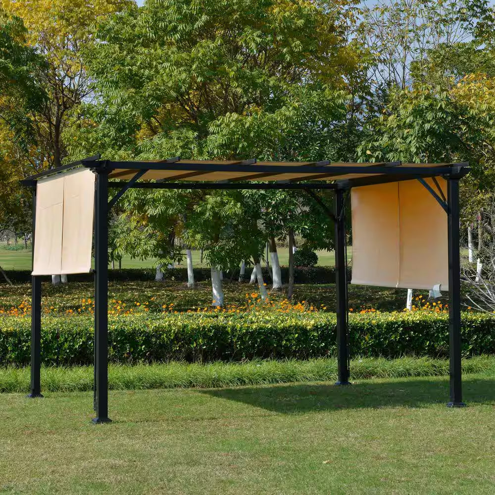 12 Ft. X 10 Ft. Steel Patio Gazebo Pergola with Slideable Canopy Roof/Walls and Uv-Resistant Material