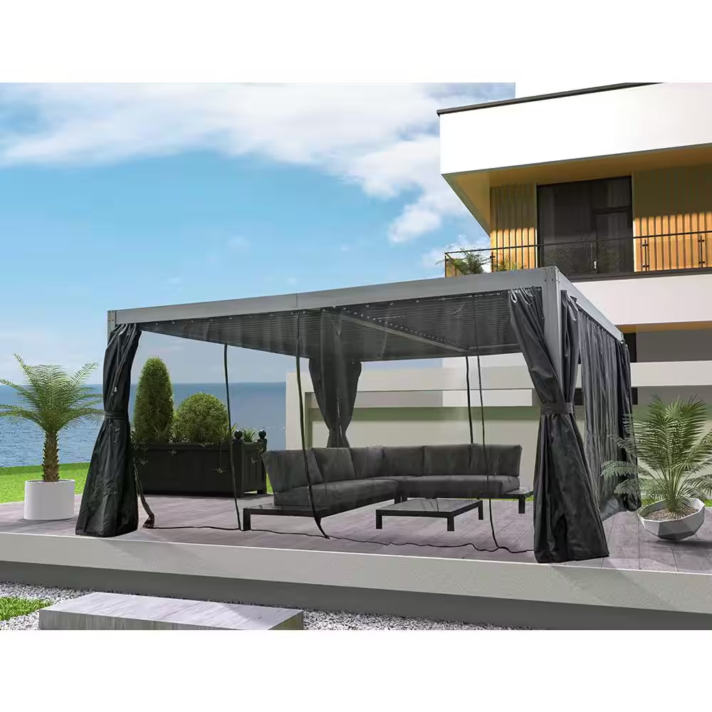 12 Ft. X 16 Ft. Dark Gray Outdoor Aluminum Rainproof Pergola with Curtains and Netting
