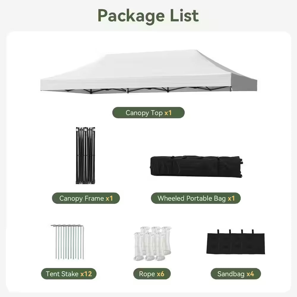 10 Ft. X 20 Ft. White Pop-Up Canopy Tent with Wind Ropes, Stakes and Sandbags, 3-Adjustable Height