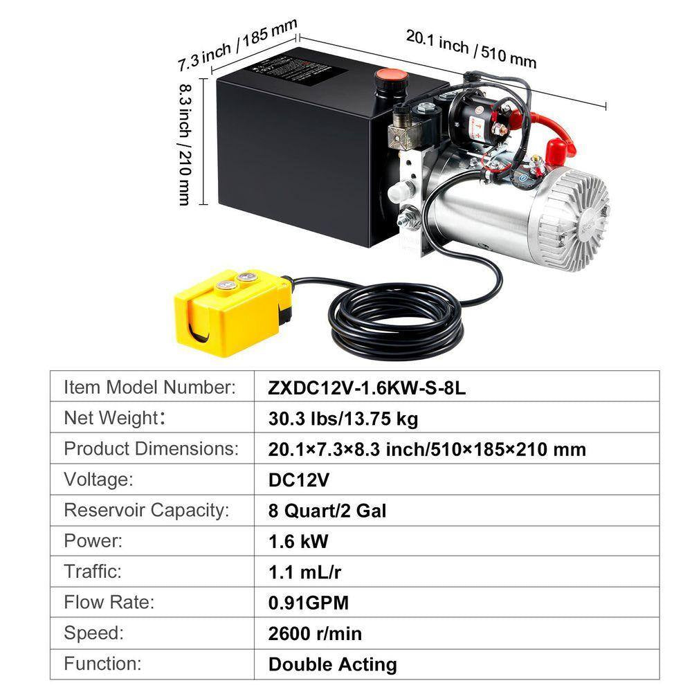 Hydraulic Pump, 8 Qt. Hydraulic Power Unit, Double Acting Dump Trailer Pump, 0.91 GPM Flow Rate, 3200 PSI Max Pressure