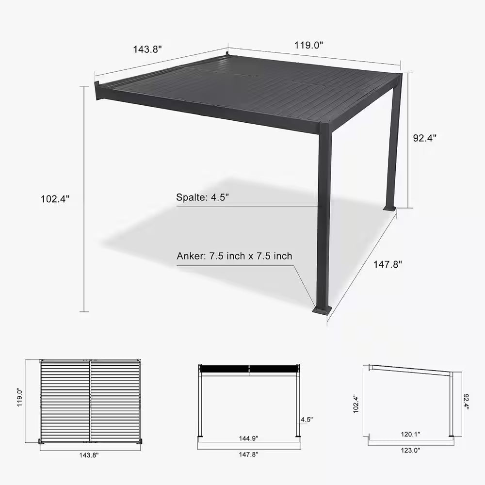 10 Ft. X 12 Ft. Grey Aluminum Outdoor Wall-Mounted Louvered Pergola with Individual Adjustable Sunshade Roofs