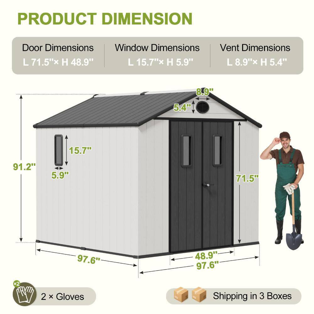 8 X 8 Ft. Gray Plastic Storage Shed Outdoor Resin Storage Cabinet Room with Lockable Door Air Vent Gable Roof for Patio