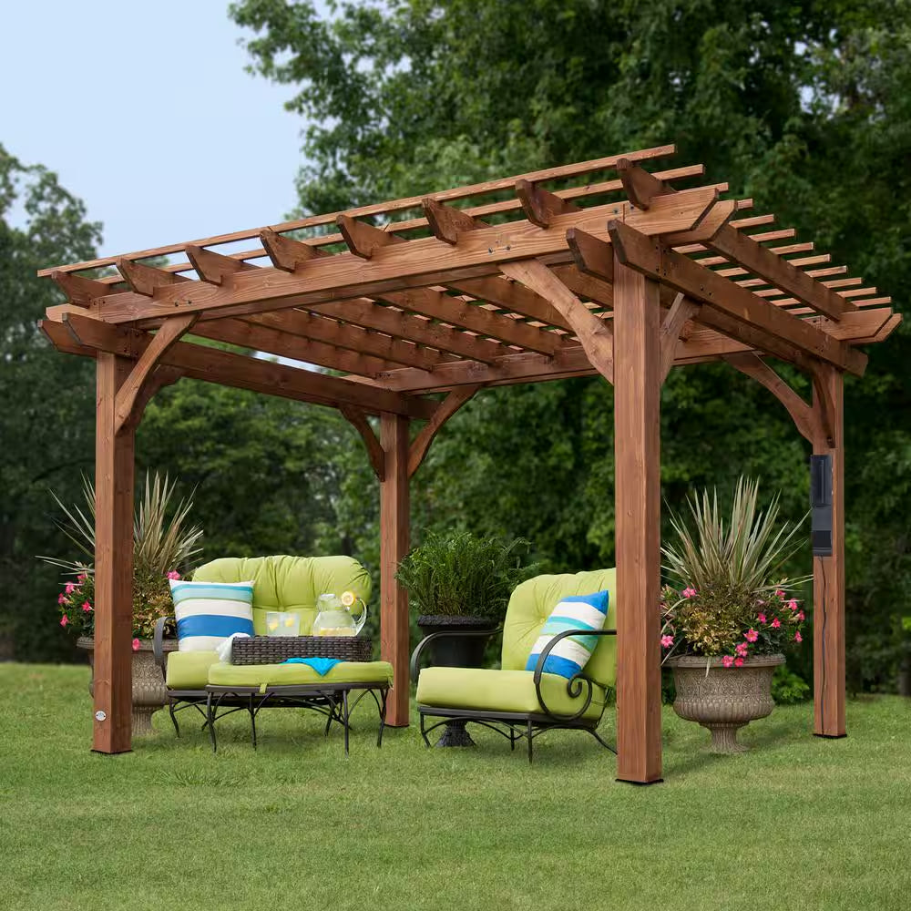10 Ft. X 12 Ft. Traditional All Cedar Wood Outdoor Patio Pergola Shade Structure with Electric