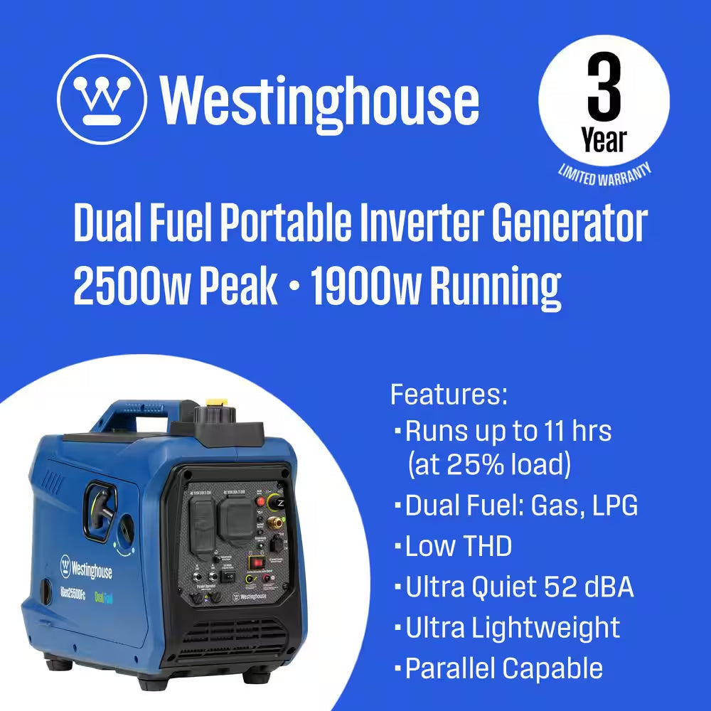 2,550 Watt Dual Fuel Gas and Propane Powered Portable Inverter Generator with Recoil Start