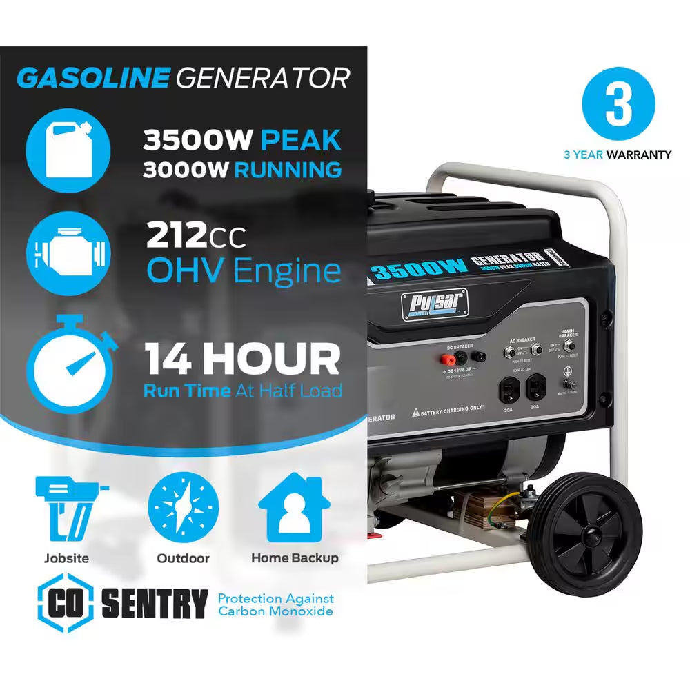 3,500-Watt/3,000-Watt Fuel with Recoil Start Portable Home Gas Power Generator with CO Alert