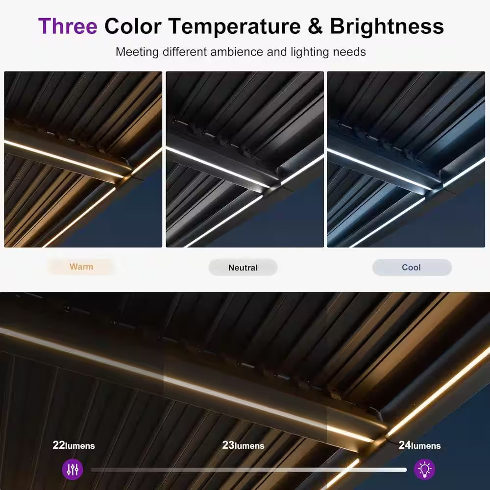 11.7 Ft. X 24.1 Ft. Gray Aluminum Outdoor Louvered Pergola with 4-Individual Adjustable Sunshade Roofs and LED Lights