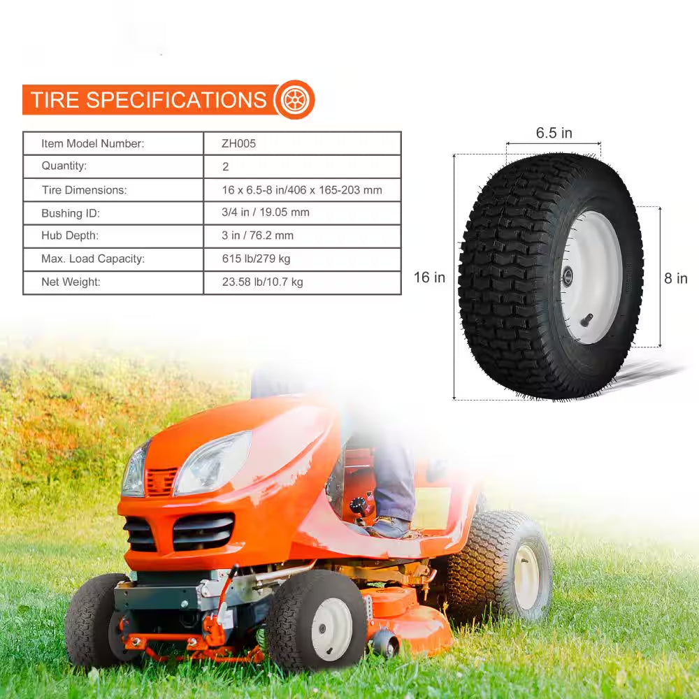 Lawn Mower Tires with Rim 16 X 6.5-8 In. Tubeless 2-Pack with 16 Adapters