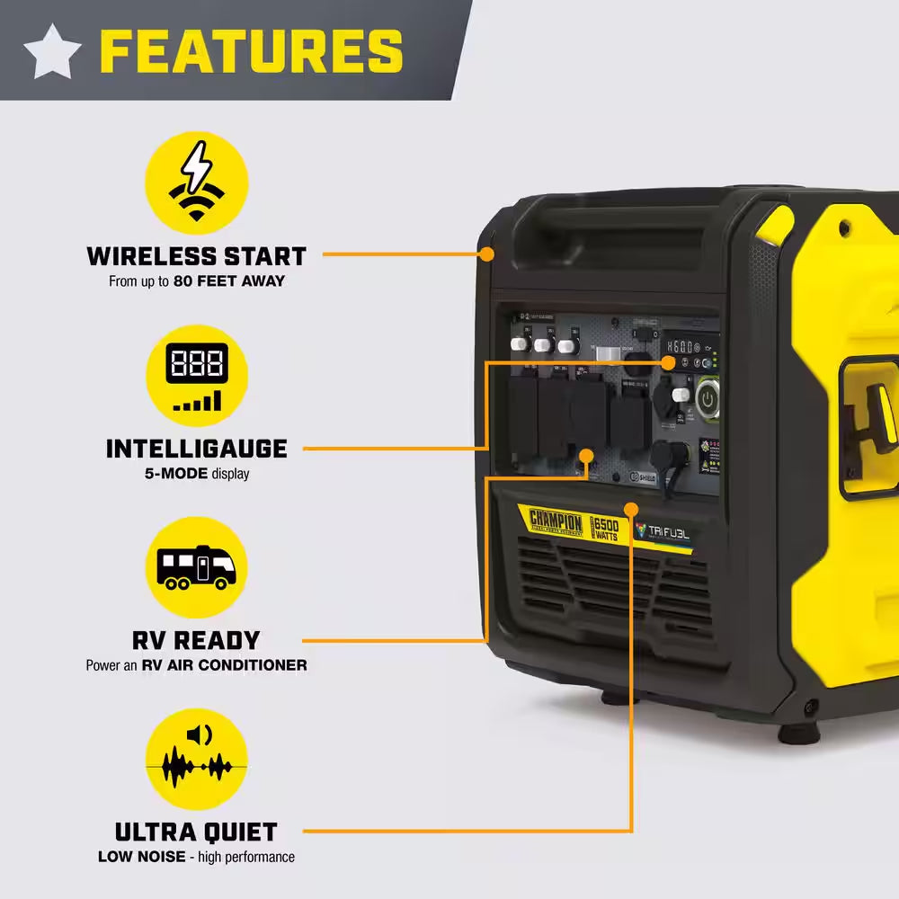 6500/5250-Watt Remote Start Gas, Propane, Natural Gas Tri Fuel Inverter Generator, Free 3-Year Warranty, for RV and Home