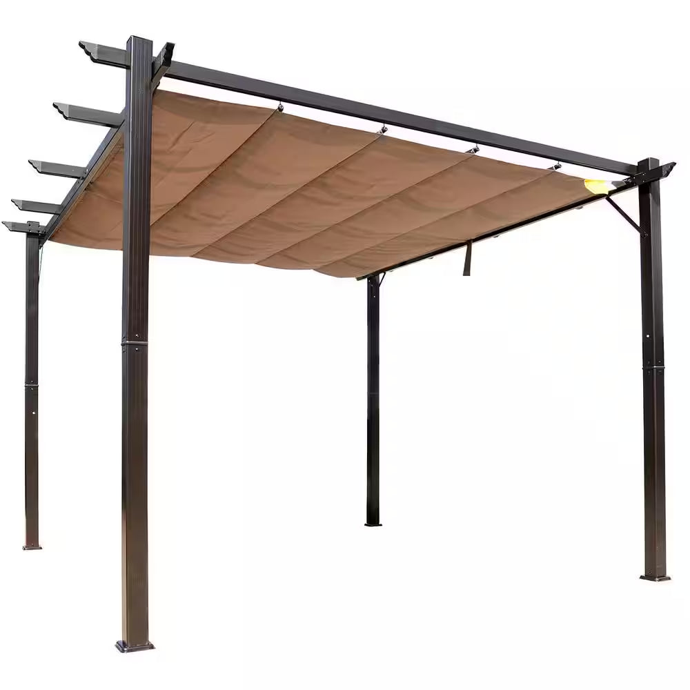 10 Ft. X 10 Ft. Aluminum Frame Brown Outdoor Retractable Pergola Canopy Grill Gazebo for Porch Party, Garden, Balcony