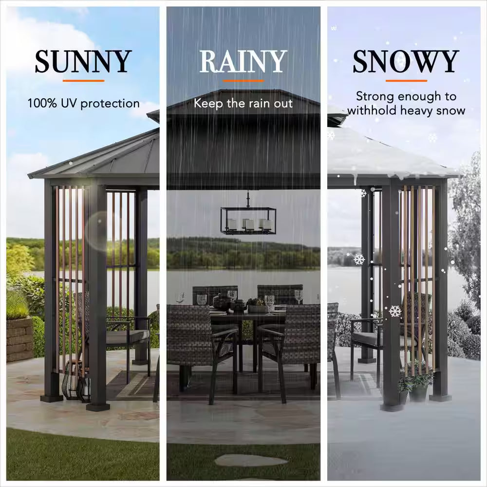 Rockwood 11 Ft. X 13 Ft. Outdoor Patio Double Tier Steel Hardtop Gazebo with Steel Slatted Colum Design for Backyard