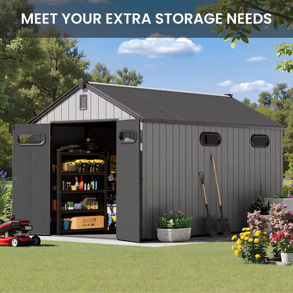8 Ft. W X 12 Ft. D Outdoor Resin Storage Shed in Brown Plastic Resin Tool Shed with Floor and Lockable Door (96 Sq. Ft.)