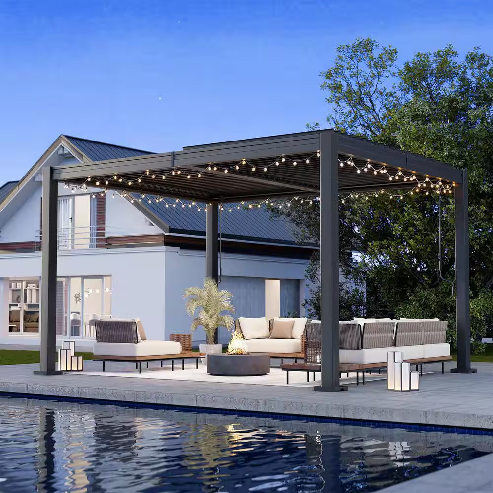 10 Ft. X 12 Ft. Black Steel Outdoor Louvered Pergola with Water-Tight Adjustable Roof
