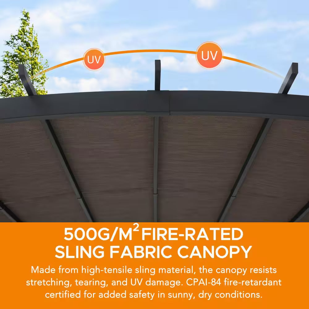 10 Ft. X 12 Ft. Dylon Steel Arched Roof Pergola with Tan Adjustable Canopy and Natural Woodgrain Metal Posts for Patio