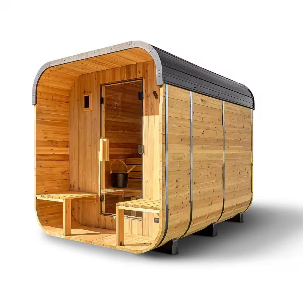 Lennon 6-Person Outdoor Cedar Traditional Wet/Dry Cube Sauna with Porch, 9Kw Electric Heater, Wi-Fi Panel, LED Lights