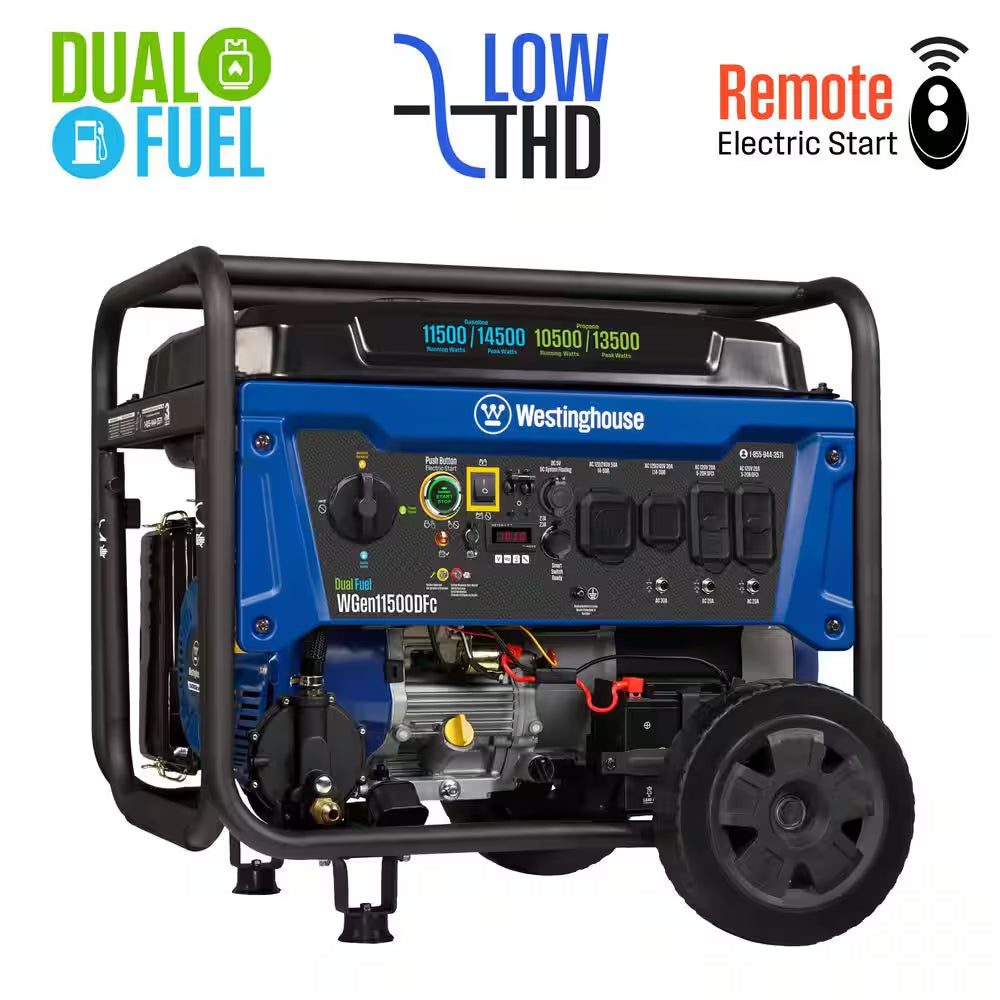14,500/11,500-Watt Remote Electric Start Dual Fuel Gas and Propane Portable Generator W/ Low THD, 50A Outlet, CO Sensor