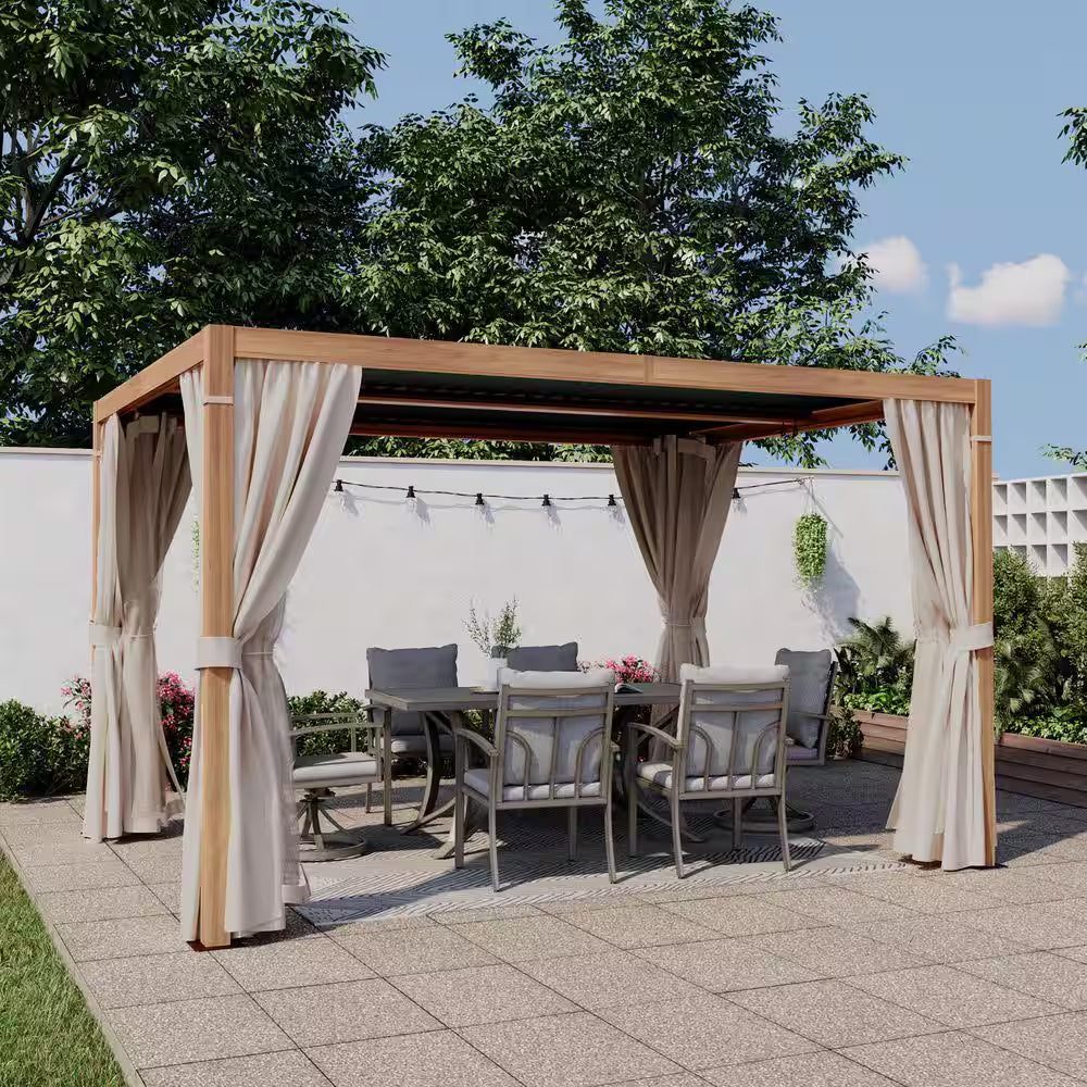 10 Ft. X 13 Ft. Wood Grain Aluminum Louvered Pergola with Adjustable Roof and Khaki Curtains