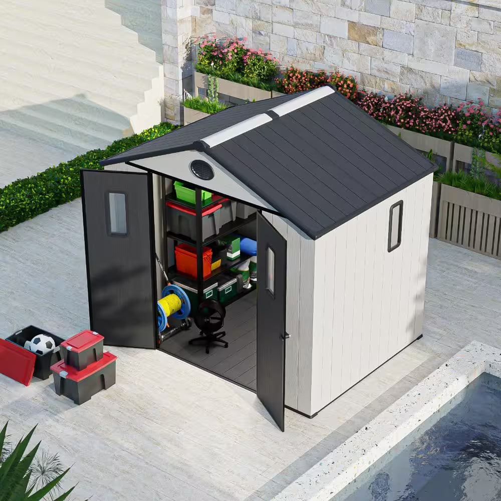 8X6Ft Resin Outdoor Storage Shed, Heavy-Duty Garden Tool Shed with Windows and Lockable Doors