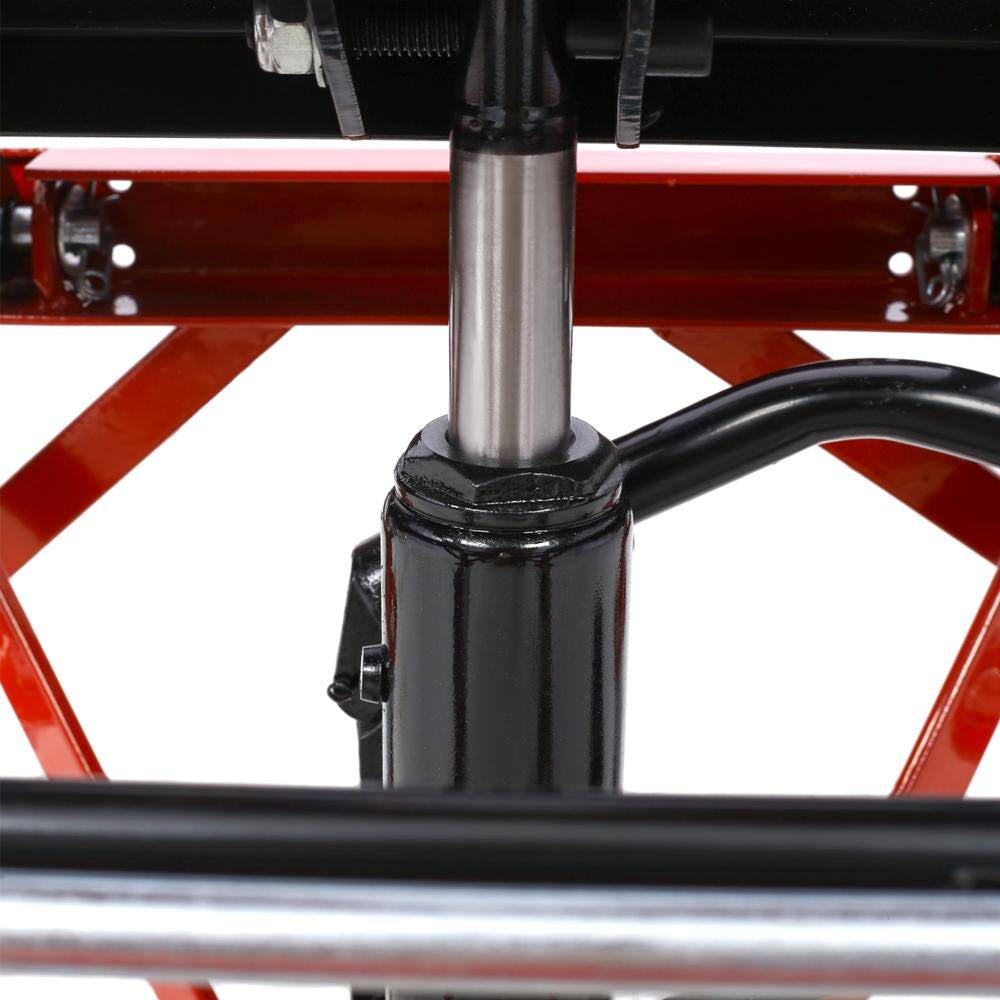 300 Lbs Hydraulic Motorcycle Scissor Jack Lift with Foot Step and Wheels, Red, Suitable for Small Dirt Bikes