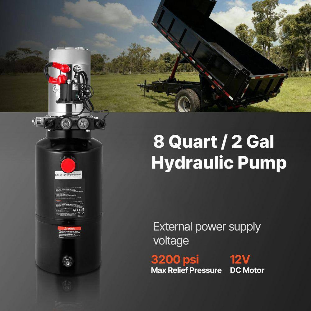 8 Qt. Hydraulic Power Unit, Double Acting Dump Trailer Pump, 3200 PSI Max Relief Pressure, 0.91 GPM Flow Rate DC 12-Volt