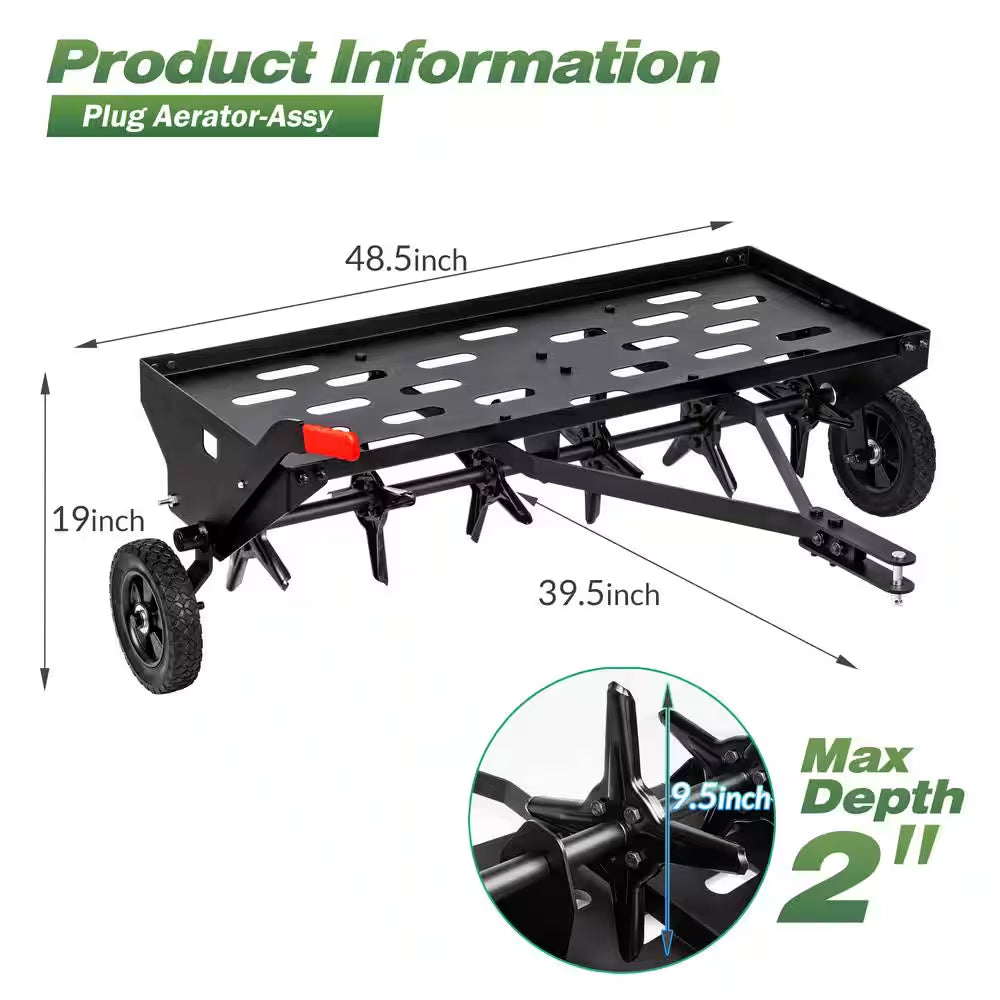 40 In. Tow-Behind Plug Aerator with Universal Hitch and 24 Coring Plugs, Tow Plug Aerator with Extra-Wide Tow Bar