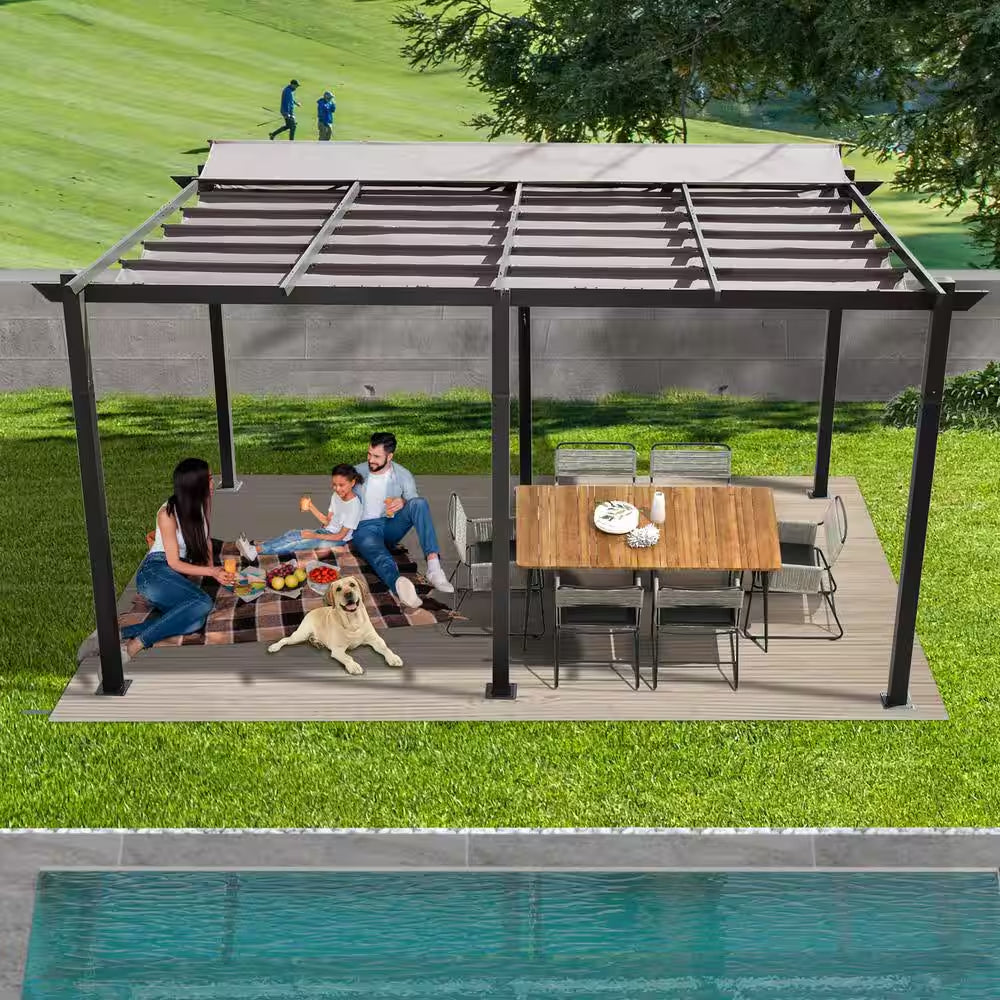 11 Ft. X 16 Ft. Dark Gray Outdoor Retractable Pergola, Patio Grill Gazebo, Weather-Resistant