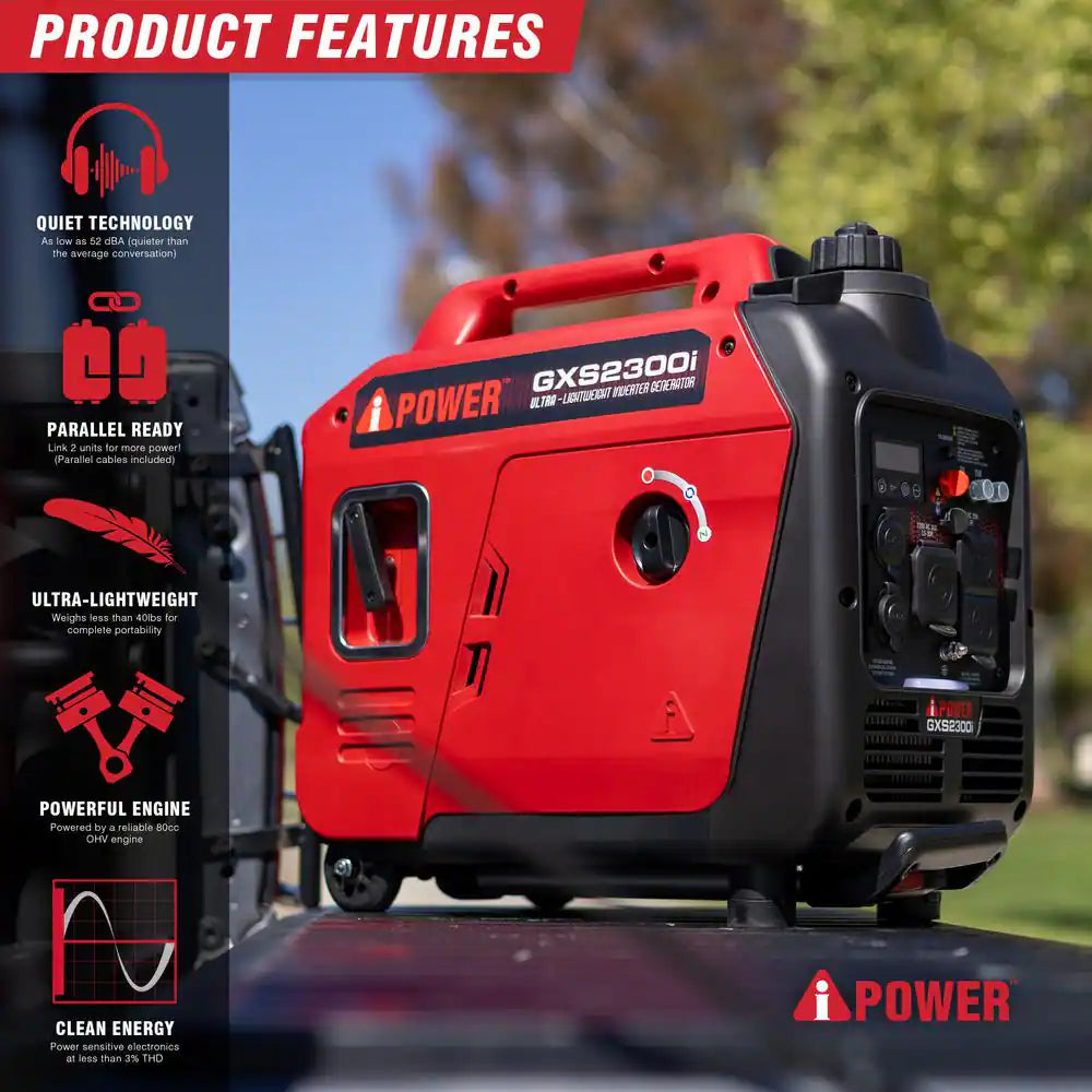 2300-Watt Recoil Start Gasoline Powered Ultra-Weight Inverter Generator with 80Cc OHV Engine and CO Sensor Shutdown