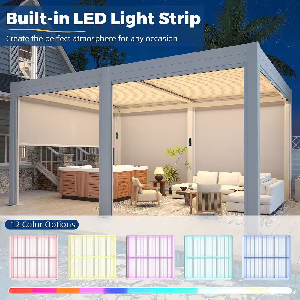 12 Ft. X 16 Ft. White Outdoor Pergola with LED Lights, Aluminum Gazebo with Motorized Louvers and Side Screens
