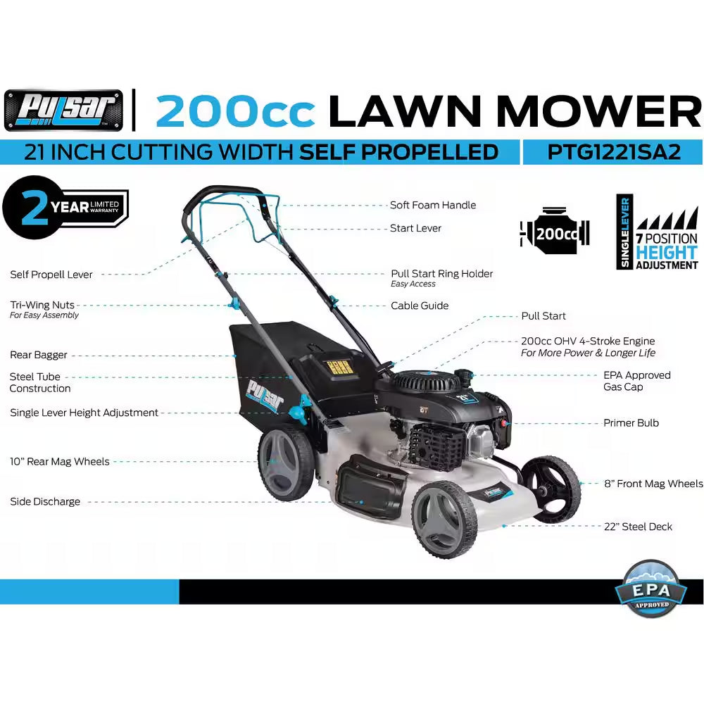 21 In. 200 Cc Gas Recoil Start, Walk behind Push Mower, Self-Propelled 3-In-1 with 7 Position Height Adjustment