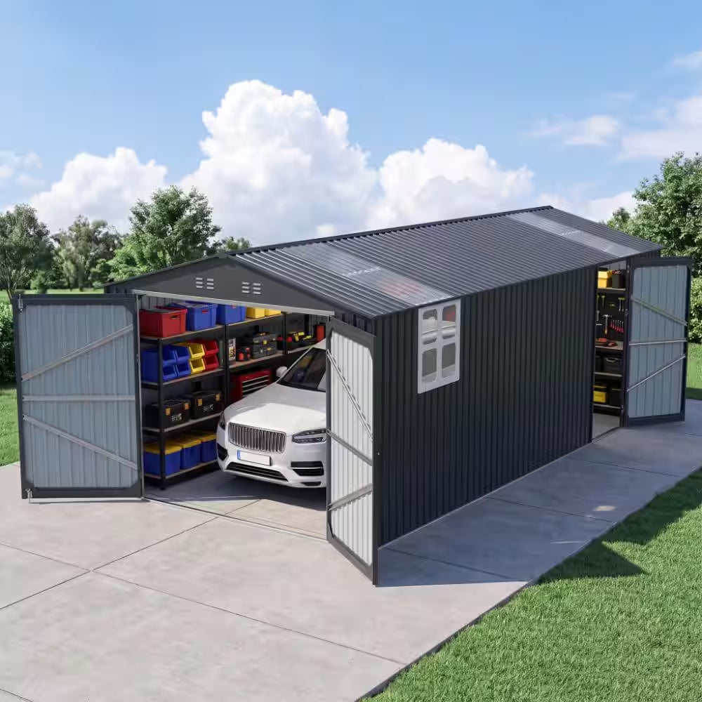 20X13 FT. Black Metal Outdoor Storage Shed Utility Tool House with Window, 2 Doors and 4 Vents