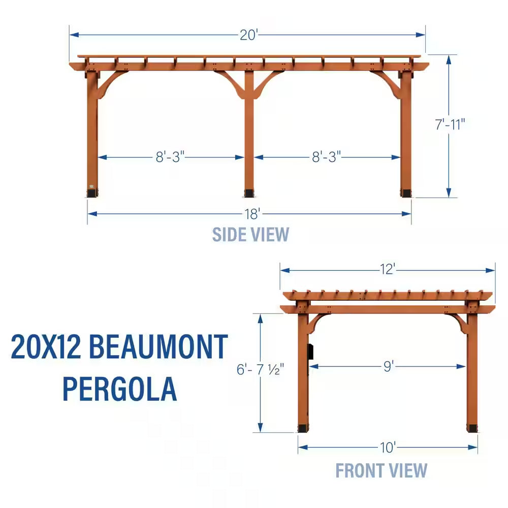 Beaumont 20 Ft. X 12 Ft. Light Brown Traditional Outdoor All Cedar Wood Patio Pergola Shade Structure with Electric