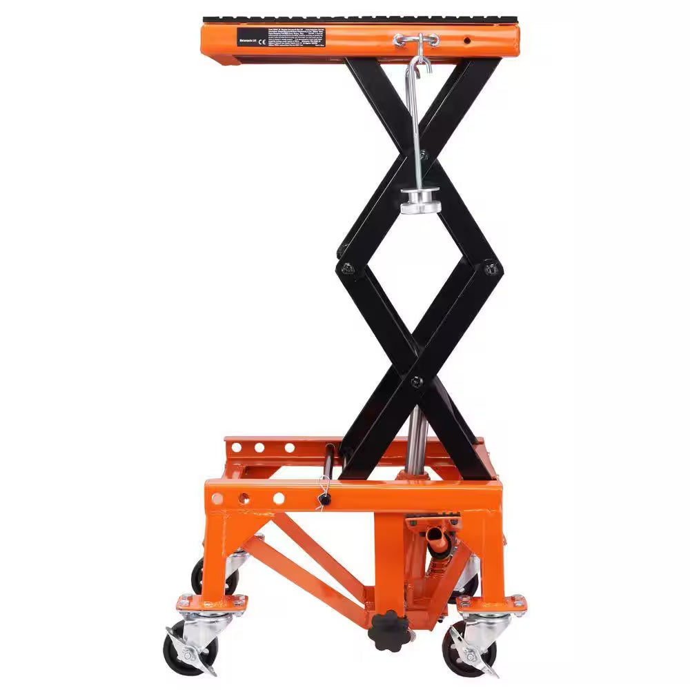 Hydraulic Motorcycle Lift Table, 350 Lbs. Capacity Motorcycle Scissor Jack Lift with Wide Deck, J-Hooks, 4 Wheels