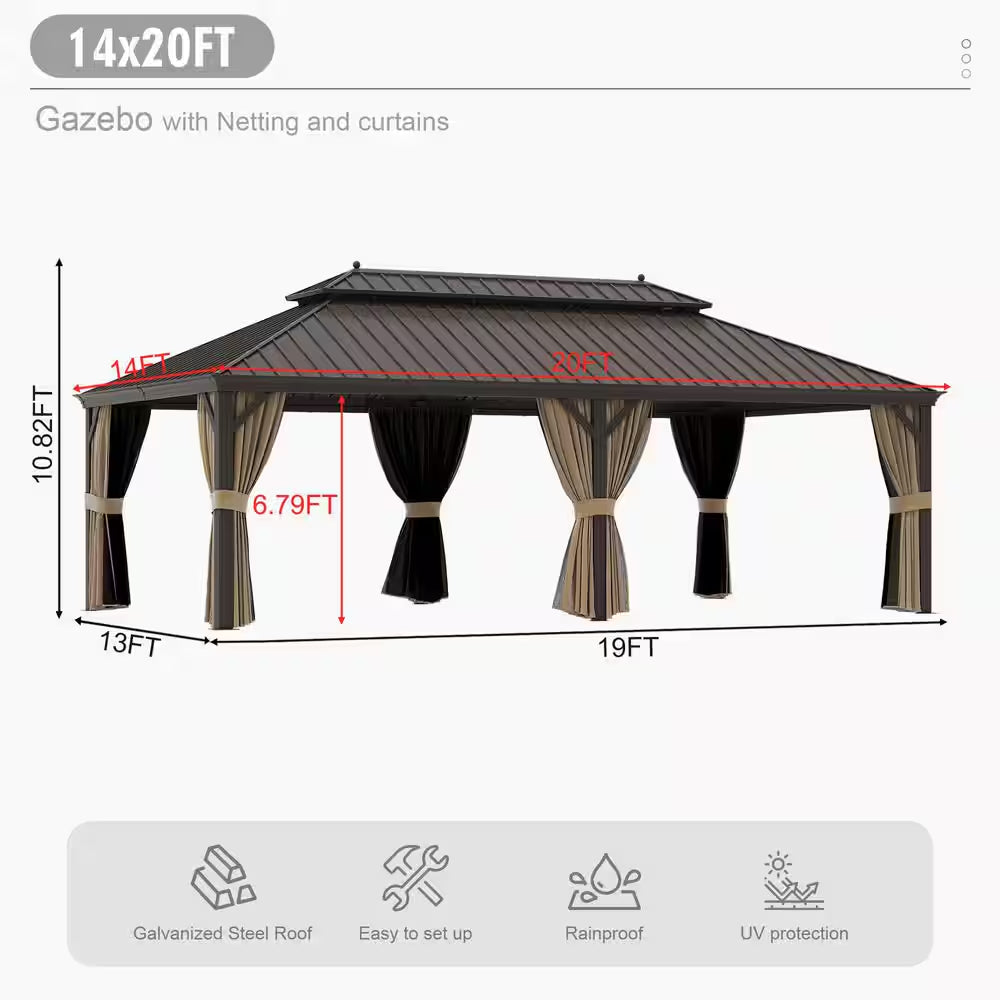 14 Ft. X 20 Ft. Aluminum Outdoor Gazebo Double Roof Canopyw/Netting, Curtains, Garden Tent for Patio, Backyard, Lawns
