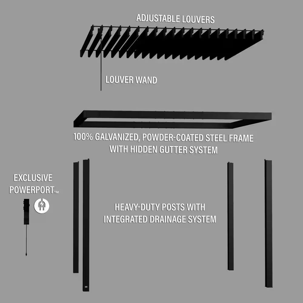 Sarasota 12 Ft. X 10 Ft. Black Powder Coated Steel Louvered Pergola with Integrated Drainage and Gutter Guards