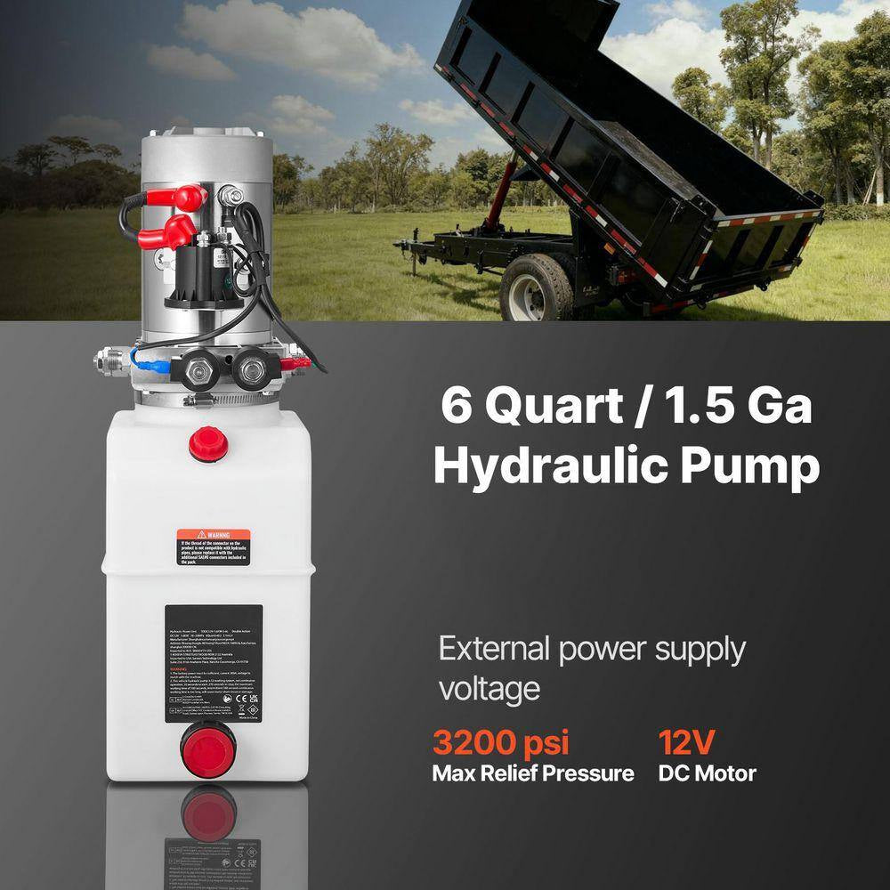 6 Qt. Hydraulic Power Unit, Double Acting Dump Trailer Pump, 3200 PSI Max Relief Pressure and 0.91 GPM Flow Rate, DC 12V