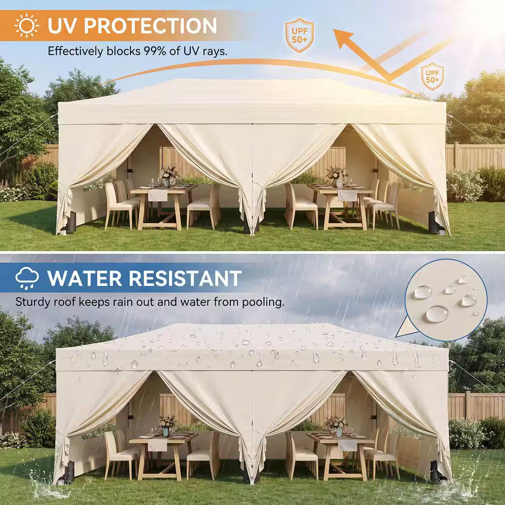 10 Ft. X 20 Ft. Beige Party Wedding Tent Pop-Up Canopy Tent Heavy-Duty with Mesh Windows, 3-Adjustable Height