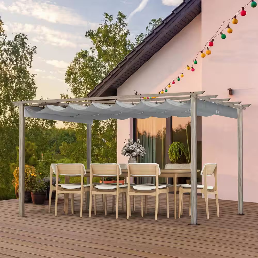 10 Ft. X 13 Ft. Wood Grain Aluminum Outdoor Pergola with Gray Retractable Shade Canopy