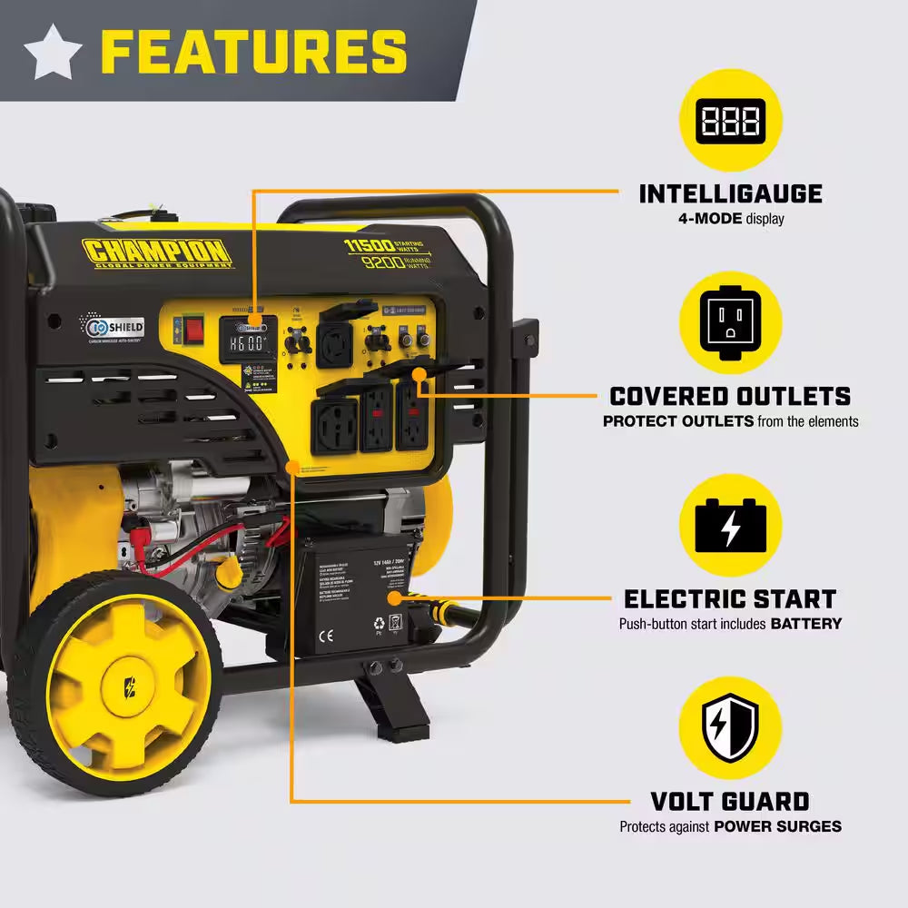 11,500/9200-Watt Electric Start Gas Portable Generator with Free 3-Year Warranty for Home Backup and Storm Prep