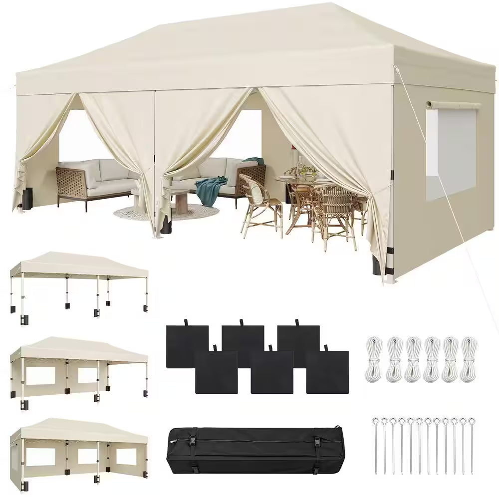 10 Ft. X 20 Ft. Beige Party Wedding Tent Pop-Up Canopy Tent Heavy-Duty with Mesh Windows, 3-Adjustable Height