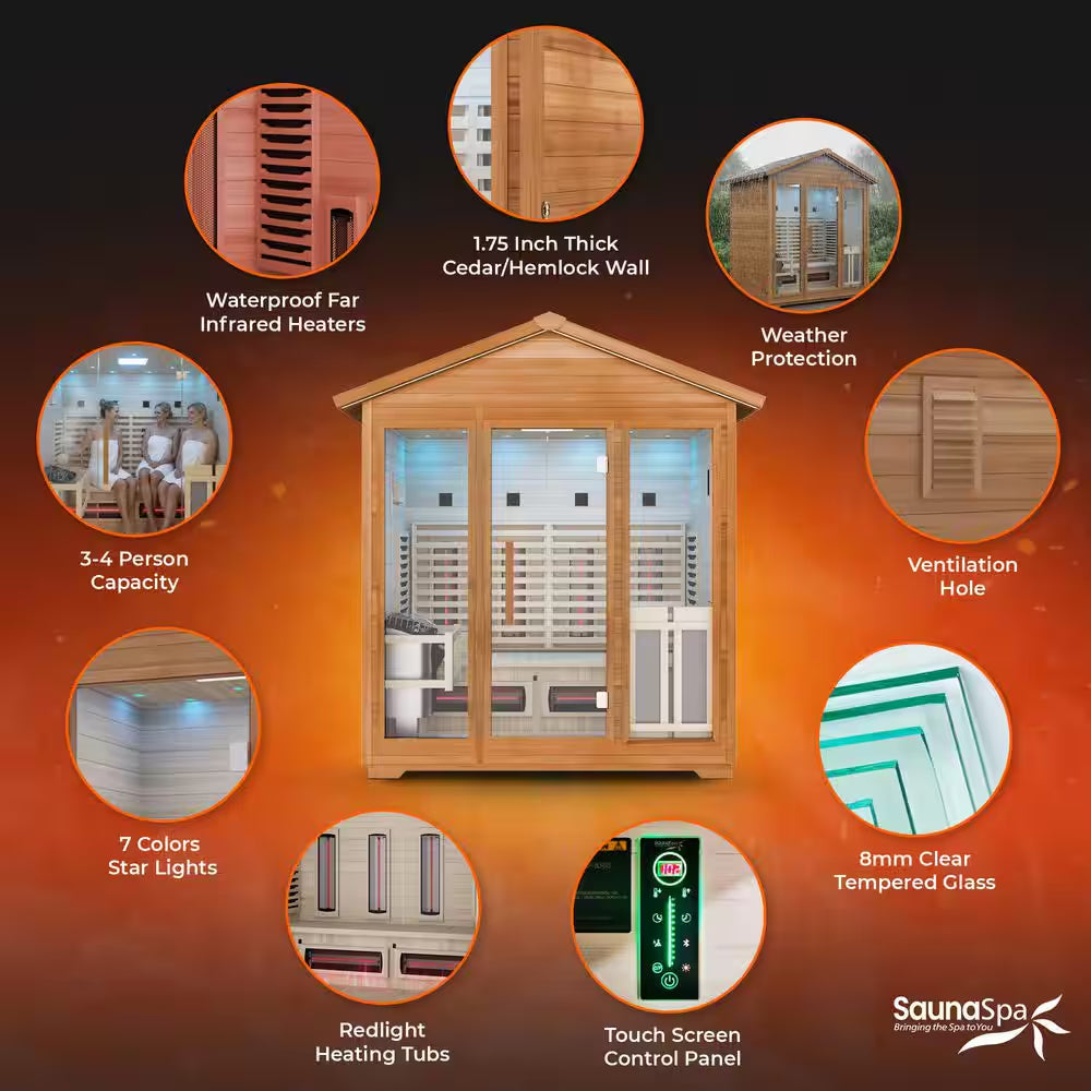 4-Person Infrared and Electric Heater Outdoor Red Cedar and Hemlock Wood Sauna with Wet/Dry Use, Touch Pad Controller