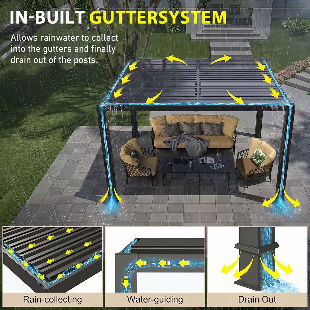 10 Ft. X 12 Ft. Black Metal Pergola with Adjustable Louvered Roof