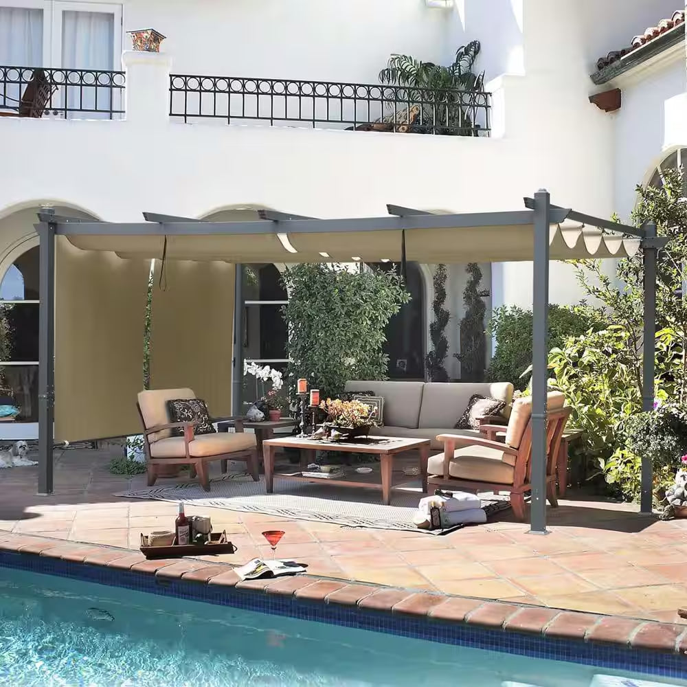 14 Ft. X 12 Ft. Gray Aluminum Frame Patio Pergola with Khaki Retractable Shade Top Canopy and 2-Pieces Roller Shade