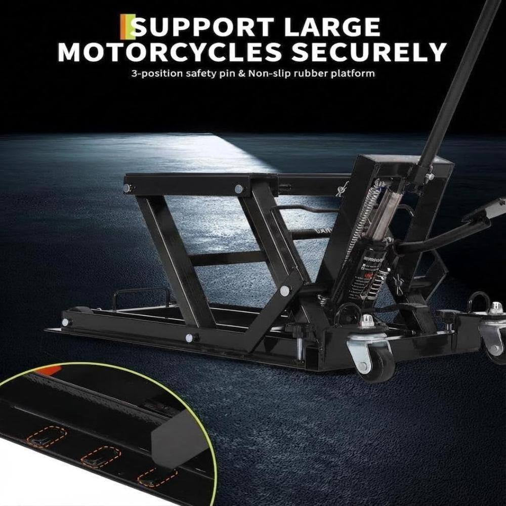 1500 Lbs Hydraulic Motorcycle Scissor Lift Jack, Heavy Duty Adjustable Lift Table with Foot Pedal & Wheels， Black