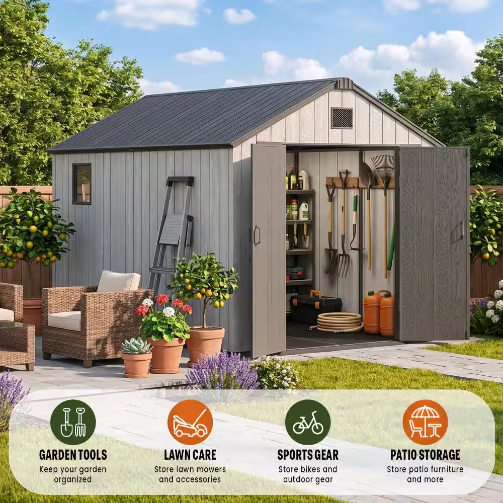 8 Ft. W X 12 Ft. D Resin Storage Shed with Double Doors, Window and Gable Vent 96 Sq. Ft.