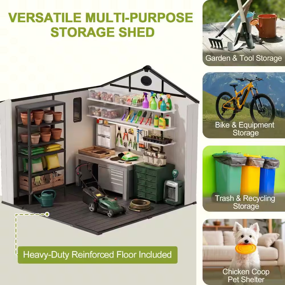 8 X 8 Ft. Gray Plastic Storage Shed Outdoor Resin Storage Cabinet Room with Lockable Door Air Vent Gable Roof for Patio