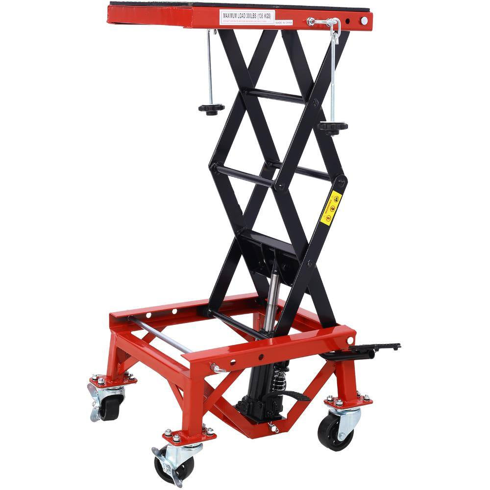 300 Lbs Hydraulic Motorcycle Scissor Jack Lift with Foot Step and Wheels, Red, Suitable for Small Dirt Bikes